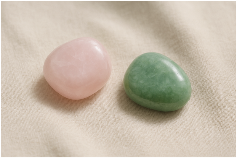 Thạch anh hồng và ngọc bích mang năng lượng dịu, hỗ trợ chữa lành cảm xúc.