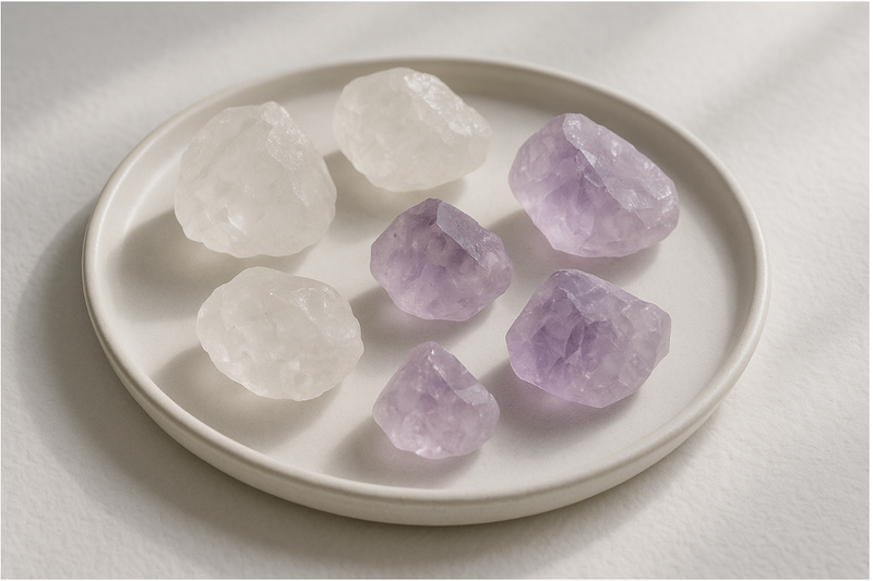 Thạch anh trắng và thạch anh tím gợi cảm giác sáng sủa và nhẹ tâm.