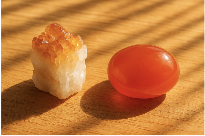 Citrine và Carnelian mang lại sự ấm áp và sinh khí cho buổi thiền.