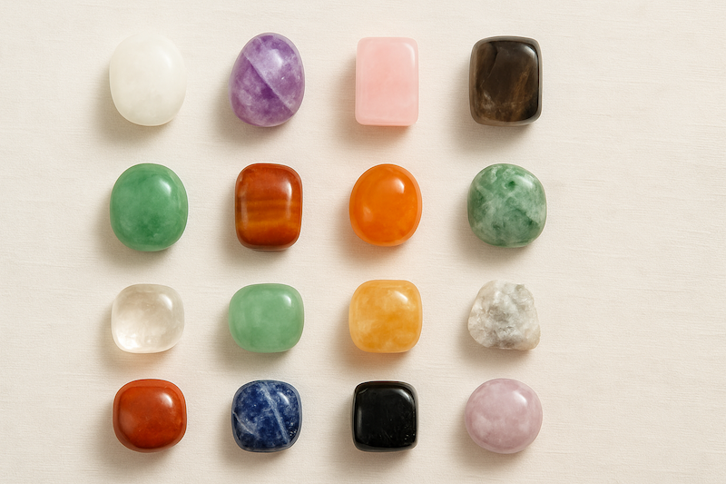16 loại đá phong thủy thường được dùng trong thiền – mỗi viên mang một sắc độ và năng lượng riêng.